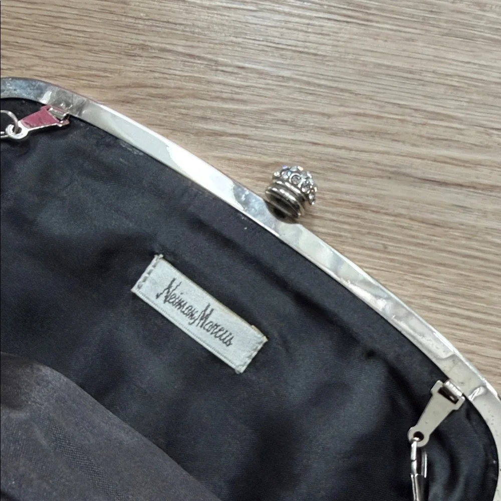 Neiman Marcus Elegant Black Evening Clutch with Silver Chain